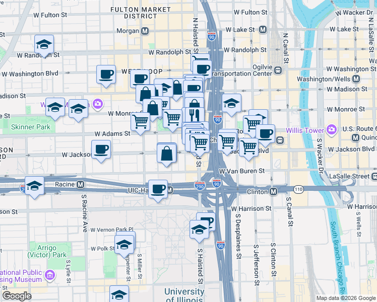 map of restaurants, bars, coffee shops, grocery stores, and more near 820 West Jackson Boulevard in Chicago