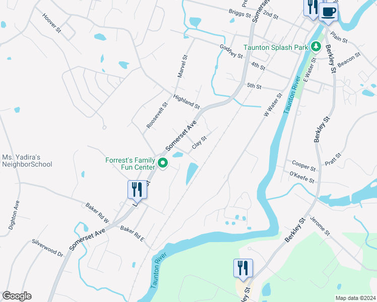 map of restaurants, bars, coffee shops, grocery stores, and more near 20 Clay Street in Taunton
