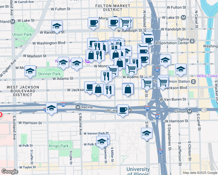 map of restaurants, bars, coffee shops, grocery stores, and more near 1016 West Jackson Boulevard in Chicago