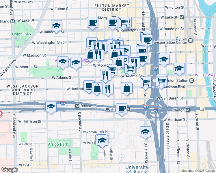 map of restaurants, bars, coffee shops, grocery stores, and more near 1028 West Jackson Boulevard in Chicago