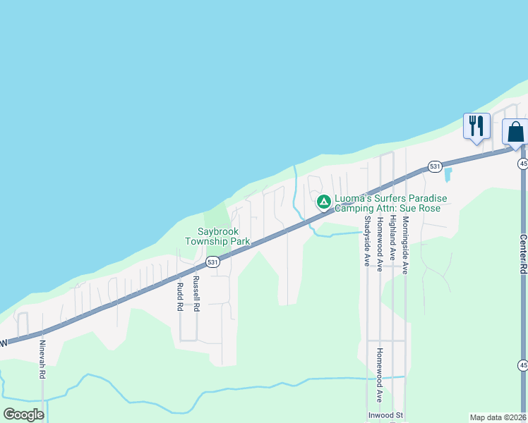 map of restaurants, bars, coffee shops, grocery stores, and more near 5755 Lake Road West in Ashtabula