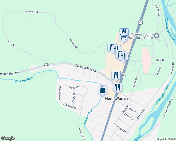 map of restaurants, bars, coffee shops, grocery stores, and more near 612-696 Jackson Run Road in Warren