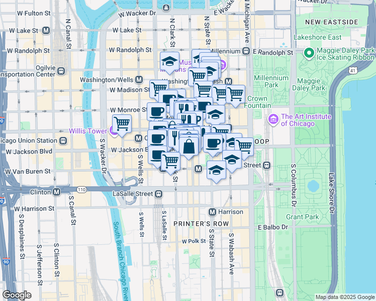 map of restaurants, bars, coffee shops, grocery stores, and more near 55 West Jackson Boulevard in Chicago