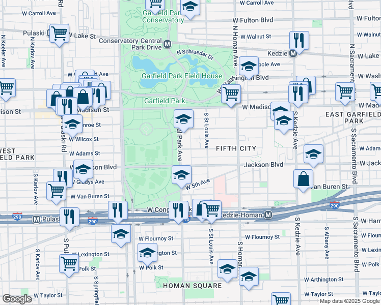 map of restaurants, bars, coffee shops, grocery stores, and more near 135 South Central Park Boulevard in Chicago