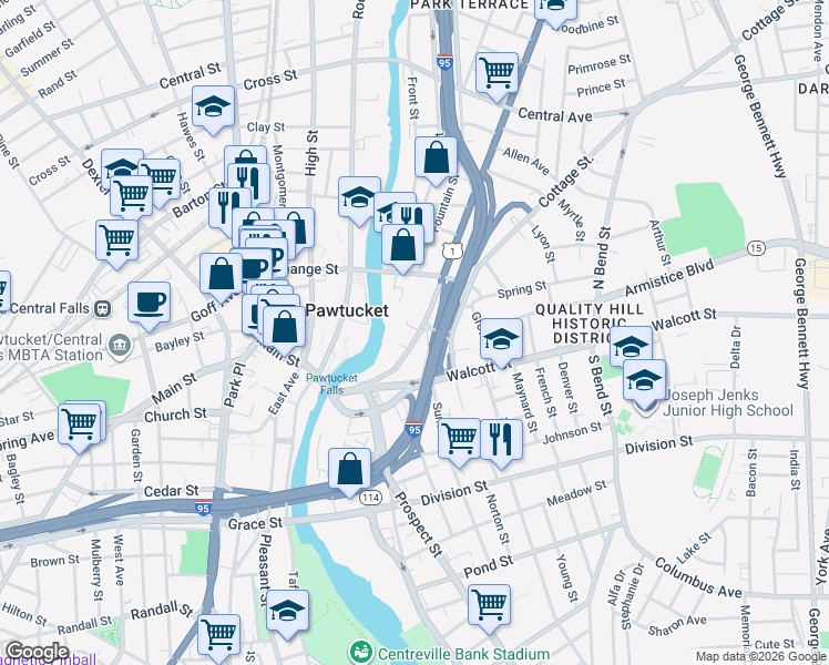 map of restaurants, bars, coffee shops, grocery stores, and more near 144 Broadway in Pawtucket