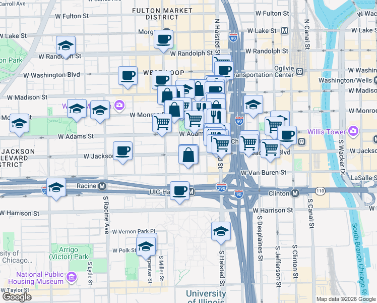 map of restaurants, bars, coffee shops, grocery stores, and more near 221 South Peoria Street in Chicago