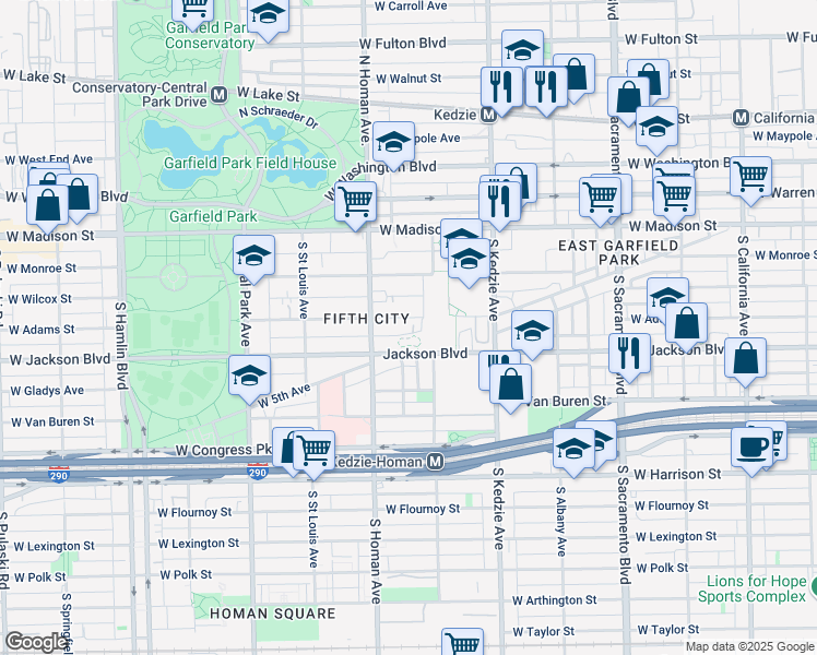 map of restaurants, bars, coffee shops, grocery stores, and more near 3328 West Adams Street in Chicago