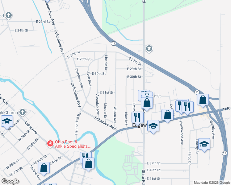 map of restaurants, bars, coffee shops, grocery stores, and more near 3078 Wilson Avenue in Ashtabula