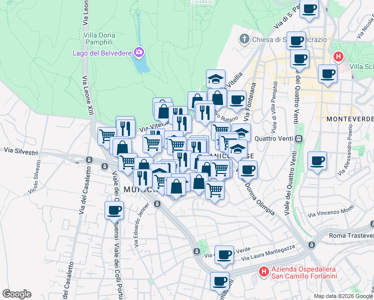 map of restaurants, bars, coffee shops, grocery stores, and more near 20 Via Nadina Helbig in Roma
