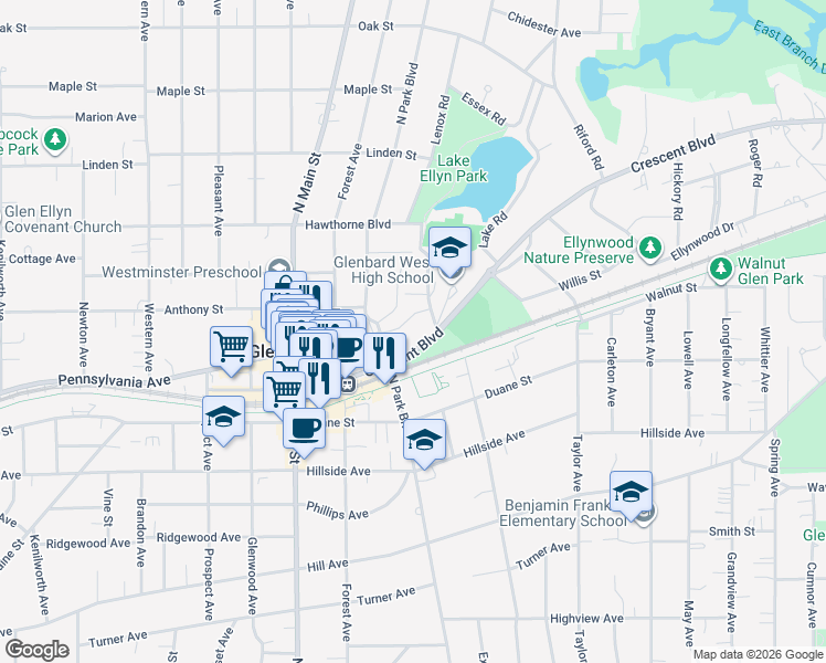map of restaurants, bars, coffee shops, grocery stores, and more near 670 Crescent Boulevard in Glen Ellyn