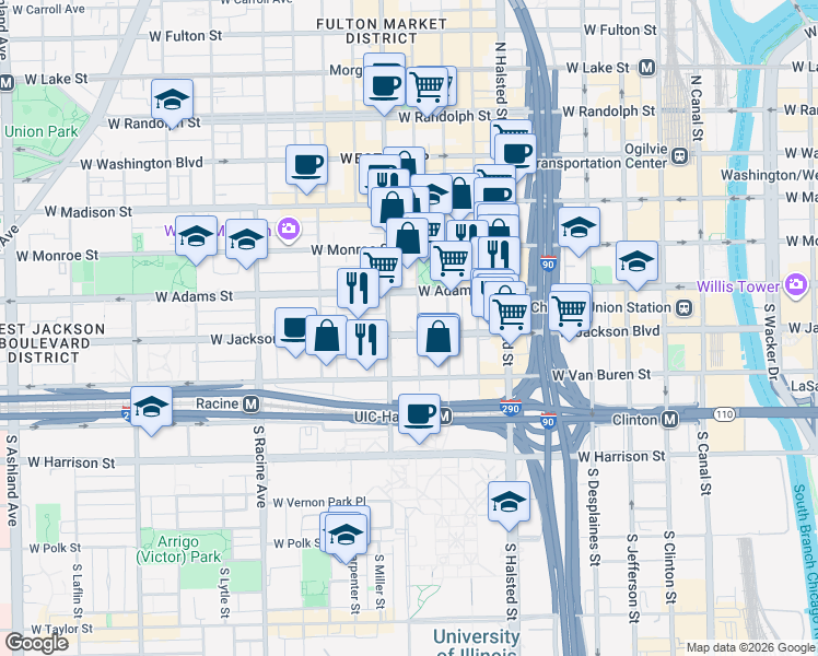 map of restaurants, bars, coffee shops, grocery stores, and more near 225 South Sangamon Street in Chicago