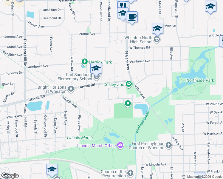 map of restaurants, bars, coffee shops, grocery stores, and more near 1141 Oakview Drive in Wheaton