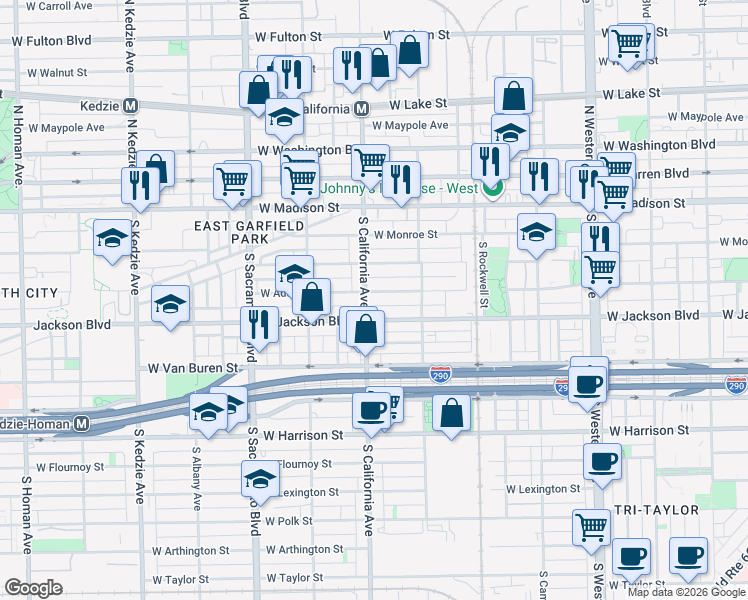 map of restaurants, bars, coffee shops, grocery stores, and more near 2756 West Adams Street in Chicago