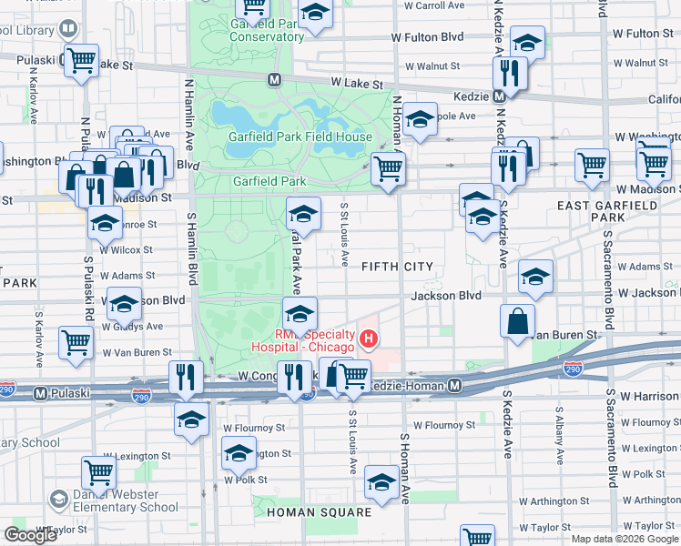 map of restaurants, bars, coffee shops, grocery stores, and more near 3501 West Adams Street in Chicago