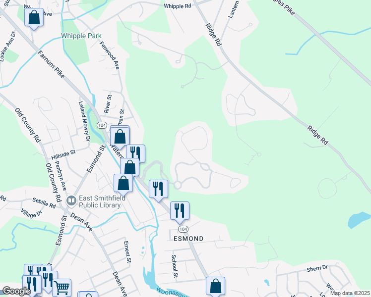map of restaurants, bars, coffee shops, grocery stores, and more near 34 Cambridge Circle in Smithfield
