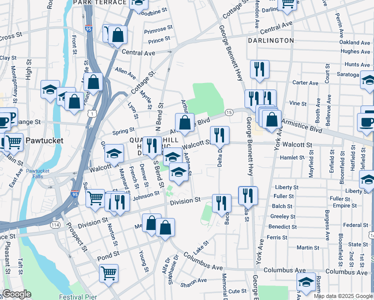 map of restaurants, bars, coffee shops, grocery stores, and more near 296 Walcott Street in Pawtucket
