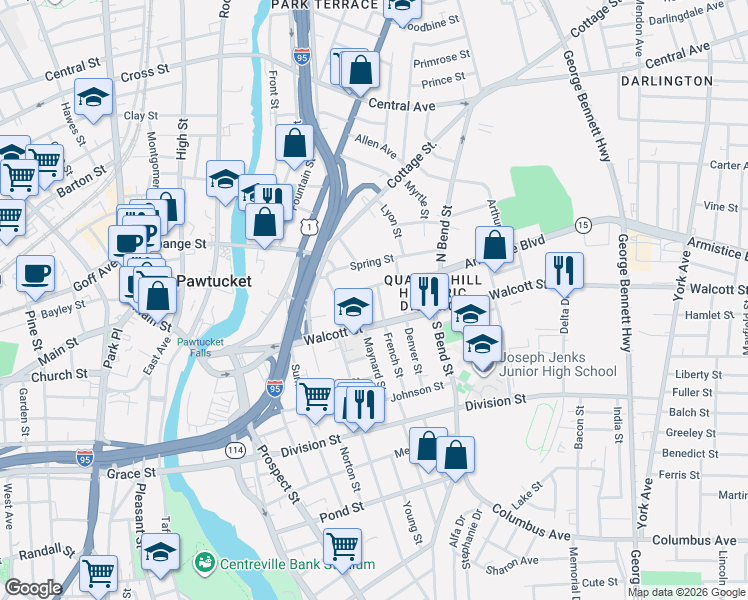 map of restaurants, bars, coffee shops, grocery stores, and more near 26 Armistice Boulevard in Pawtucket