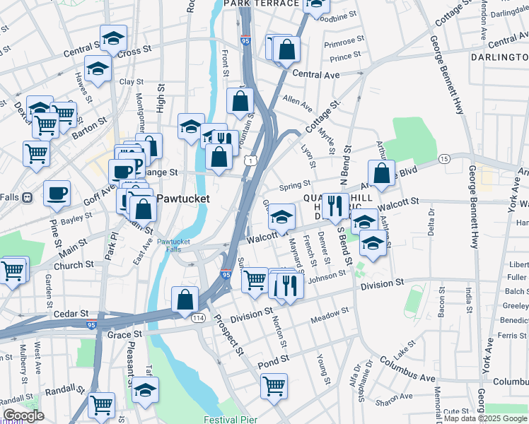map of restaurants, bars, coffee shops, grocery stores, and more near 26 Grove Street in Pawtucket