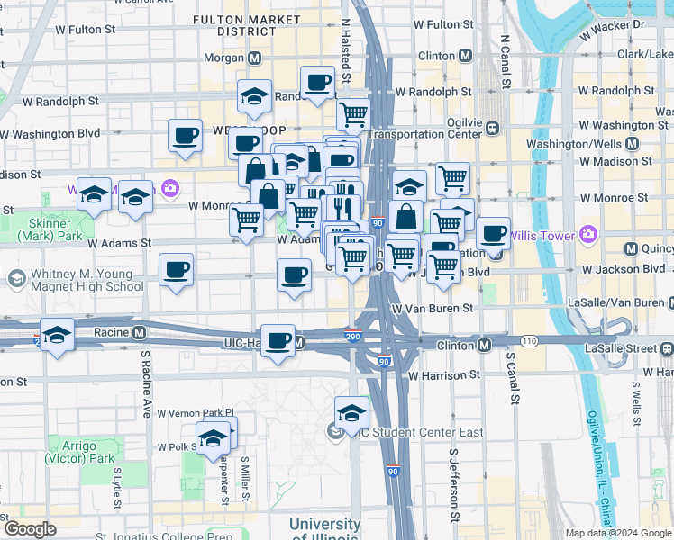 map of restaurants, bars, coffee shops, grocery stores, and more near 213 South Green Street in Chicago