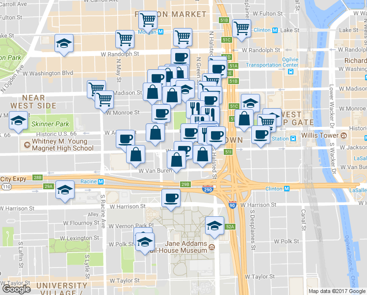 map of restaurants, bars, coffee shops, grocery stores, and more near 221 South Peoria Street in Chicago