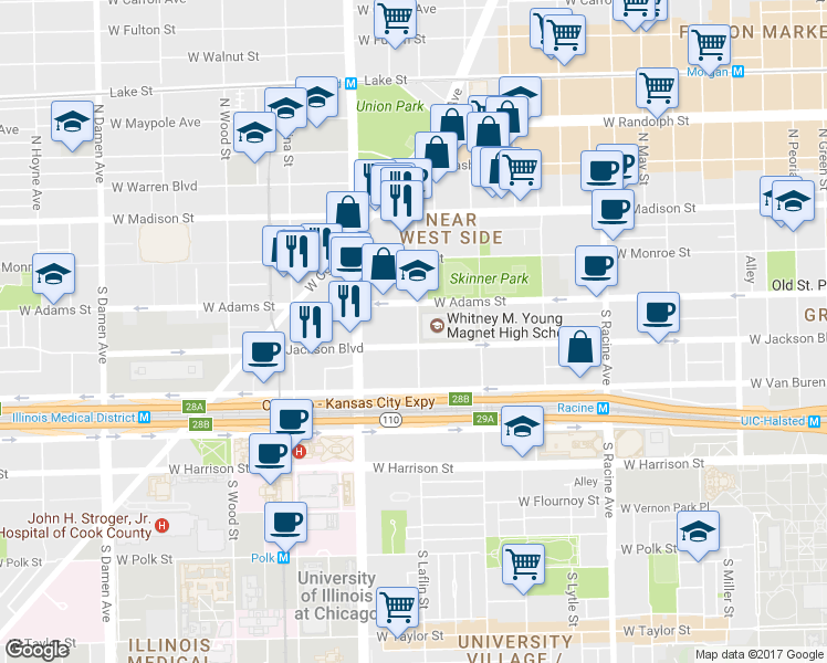 map of restaurants, bars, coffee shops, grocery stores, and more near 200 South Laflin Street in Chicago