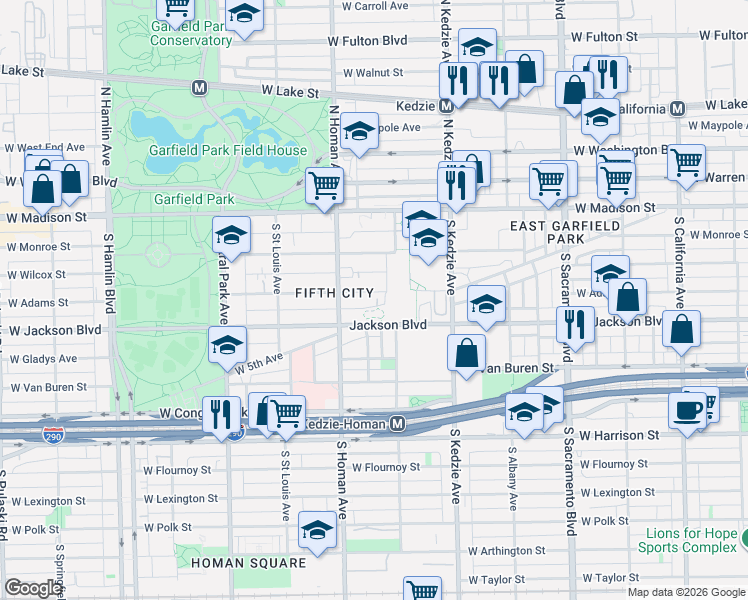 map of restaurants, bars, coffee shops, grocery stores, and more near 3328 West Adams Street in Chicago