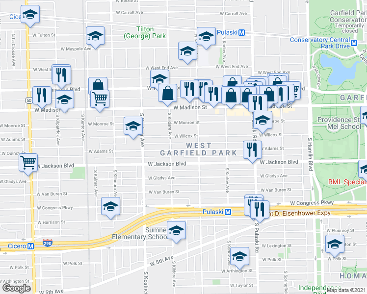 map of restaurants, bars, coffee shops, grocery stores, and more near 4239 West Wilcox Street in Chicago