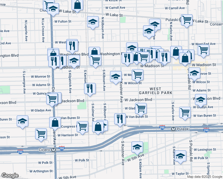 map of restaurants, bars, coffee shops, grocery stores, and more near 4433 West Wilcox Street in Chicago