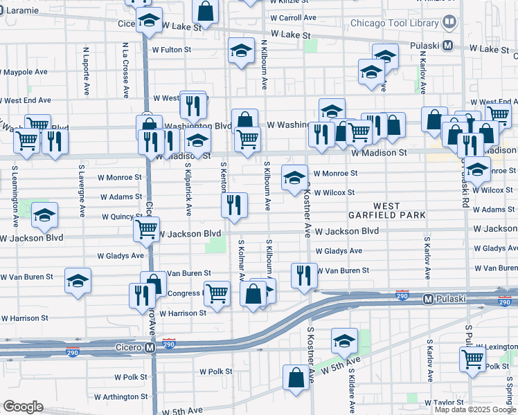 map of restaurants, bars, coffee shops, grocery stores, and more near 4505 West Wilcox Street in Chicago