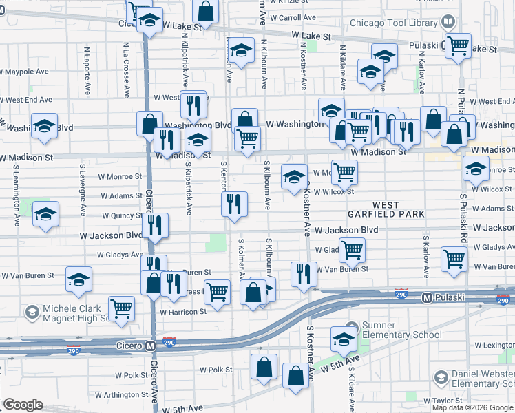 map of restaurants, bars, coffee shops, grocery stores, and more near 4505 West Wilcox Street in Chicago