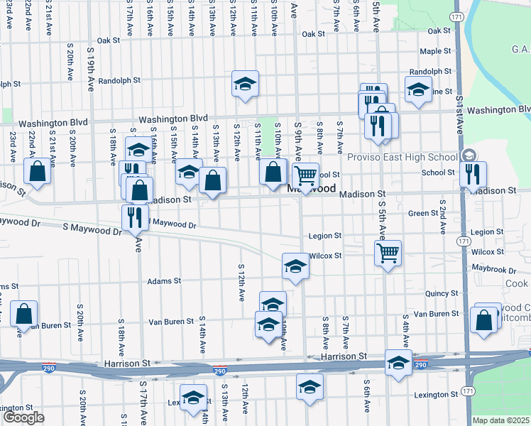 map of restaurants, bars, coffee shops, grocery stores, and more near 1018 Madison Street in Maywood