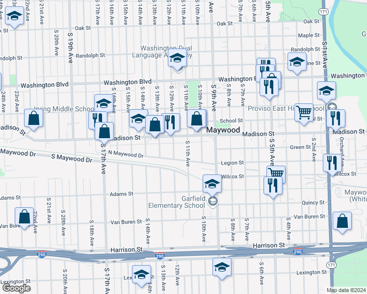 map of restaurants, bars, coffee shops, grocery stores, and more near 1018 Madison Street in Maywood