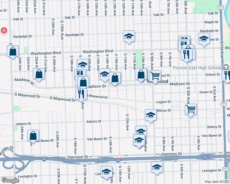 map of restaurants, bars, coffee shops, grocery stores, and more near 1300 Madison Street in Maywood