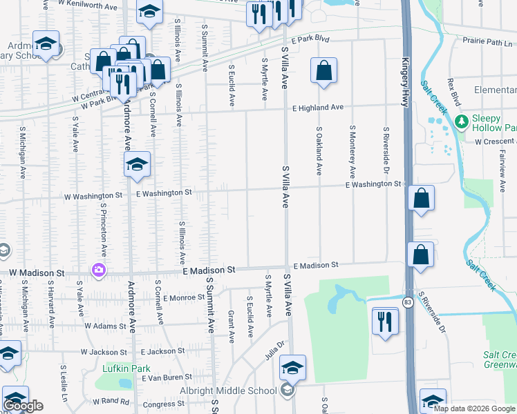 map of restaurants, bars, coffee shops, grocery stores, and more near 321 East Washington Street in Villa Park
