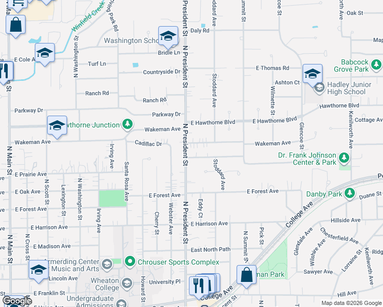 map of restaurants, bars, coffee shops, grocery stores, and more near 1319 North President Street in Wheaton