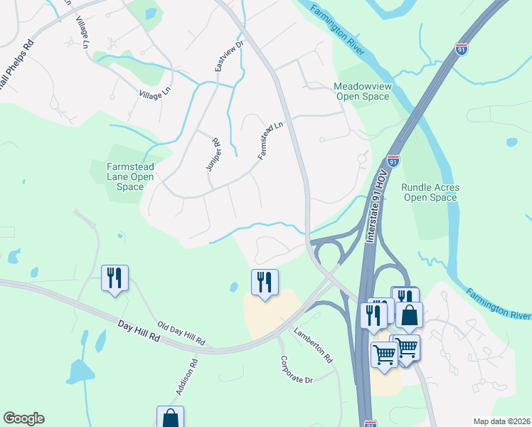 map of restaurants, bars, coffee shops, grocery stores, and more near 23 Cornfield Road in Windsor
