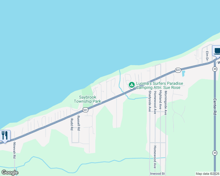 map of restaurants, bars, coffee shops, grocery stores, and more near 5755 Lake Road West in Ashtabula