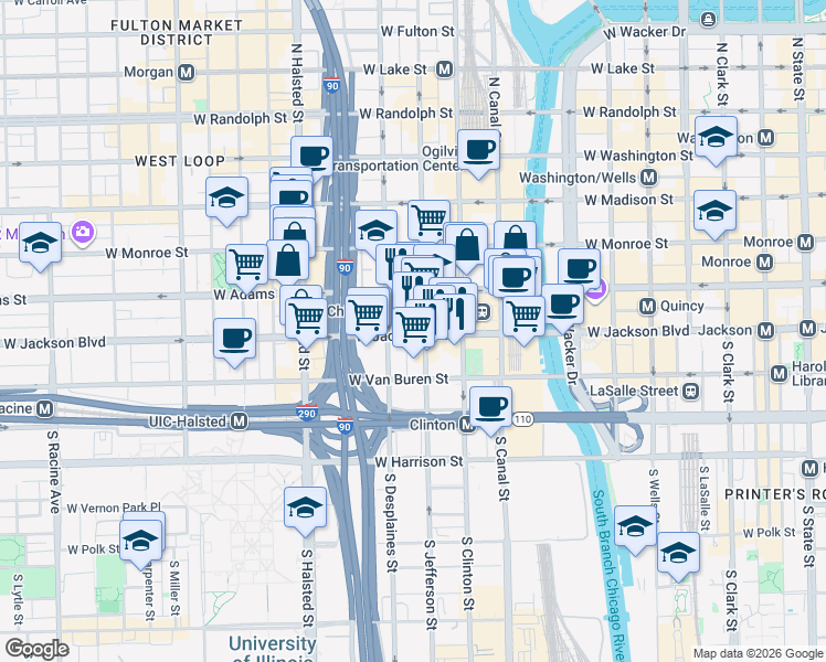 map of restaurants, bars, coffee shops, grocery stores, and more near 600 West Jackson Boulevard in Chicago