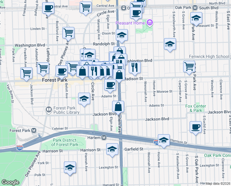 map of restaurants, bars, coffee shops, grocery stores, and more near 440 Elgin Avenue in Forest Park