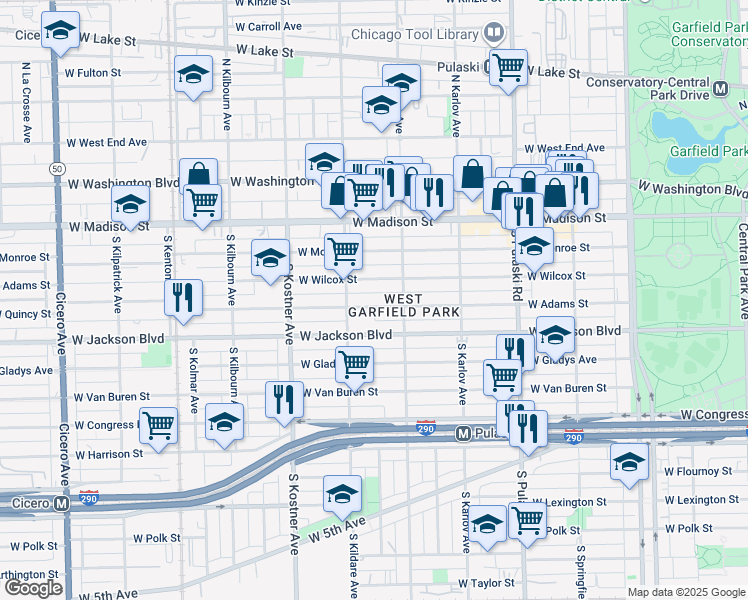 map of restaurants, bars, coffee shops, grocery stores, and more near 4239 West Wilcox Street in Chicago