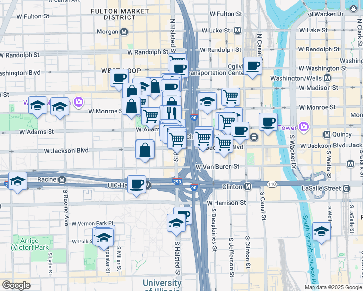 map of restaurants, bars, coffee shops, grocery stores, and more near 768 West Jackson Boulevard in Chicago