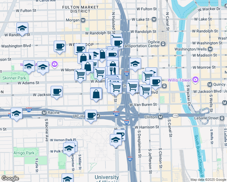 map of restaurants, bars, coffee shops, grocery stores, and more near 213 South Green Street in Chicago
