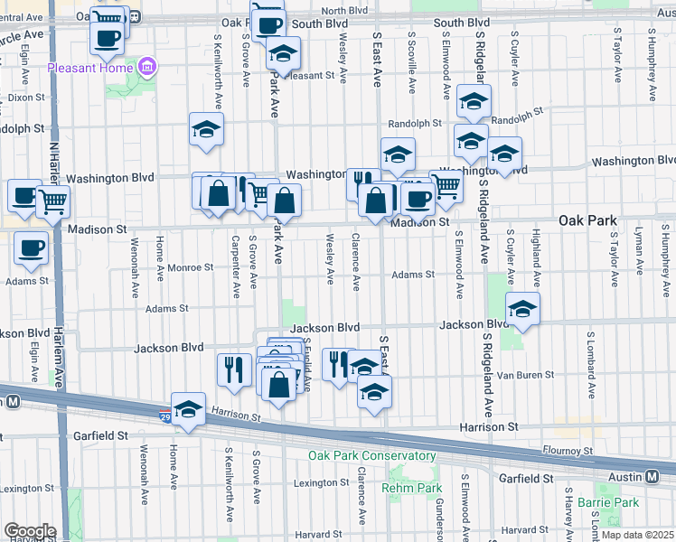 map of restaurants, bars, coffee shops, grocery stores, and more near 533 Wesley Avenue in Oak Park
