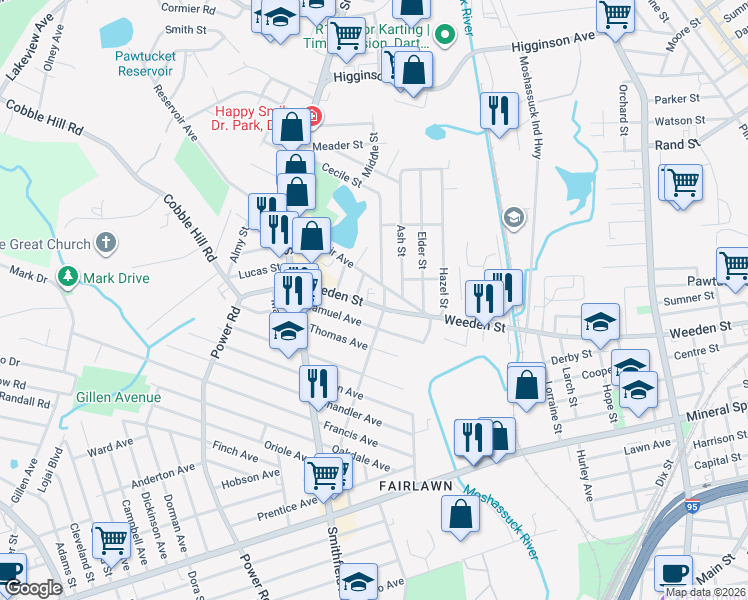 map of restaurants, bars, coffee shops, grocery stores, and more near 691 Weeden Street in Pawtucket