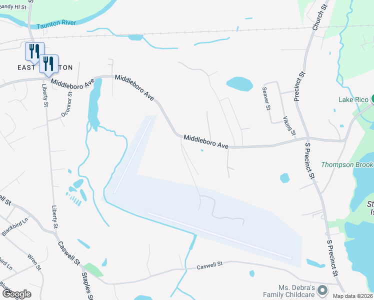 map of restaurants, bars, coffee shops, grocery stores, and more near 829 Middleboro Avenue in Taunton