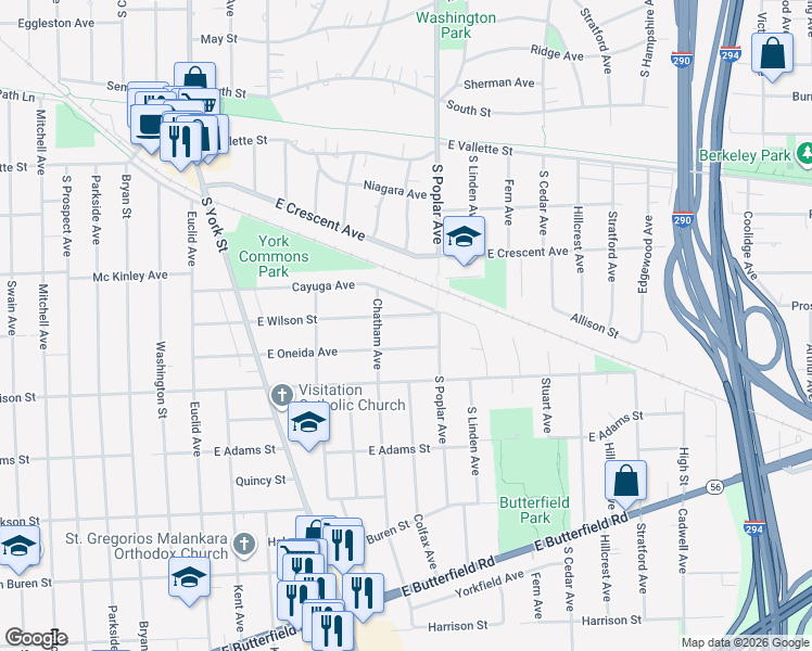 map of restaurants, bars, coffee shops, grocery stores, and more near 281 East Wilson Street in Elmhurst