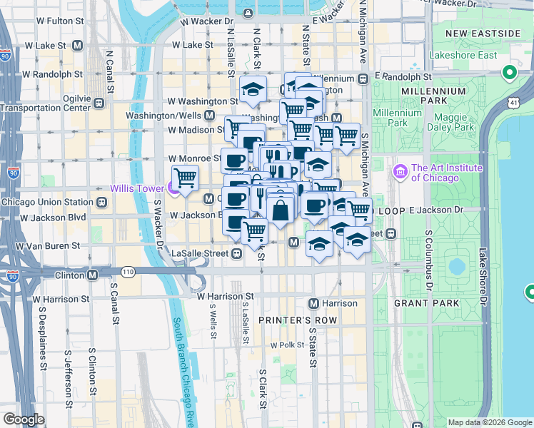 map of restaurants, bars, coffee shops, grocery stores, and more near 72-98 West Jackson Boulevard in Chicago