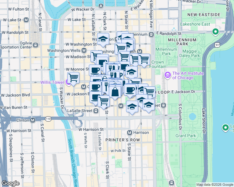 map of restaurants, bars, coffee shops, grocery stores, and more near W Jackson Blvd & S Dearborn St in Chicago