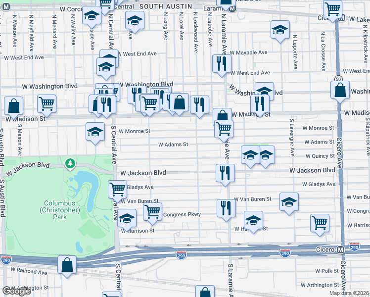 map of restaurants, bars, coffee shops, grocery stores, and more near 5332 West Adams Street in Chicago