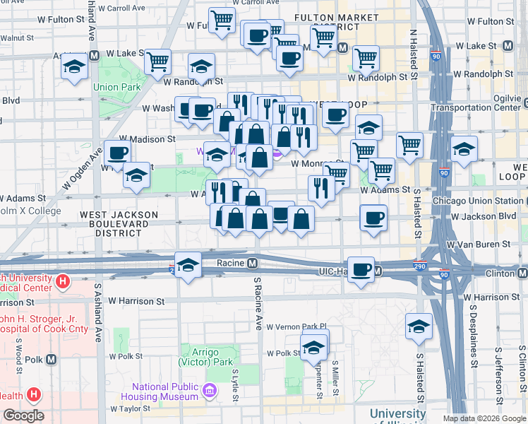 map of restaurants, bars, coffee shops, grocery stores, and more near in Chicago